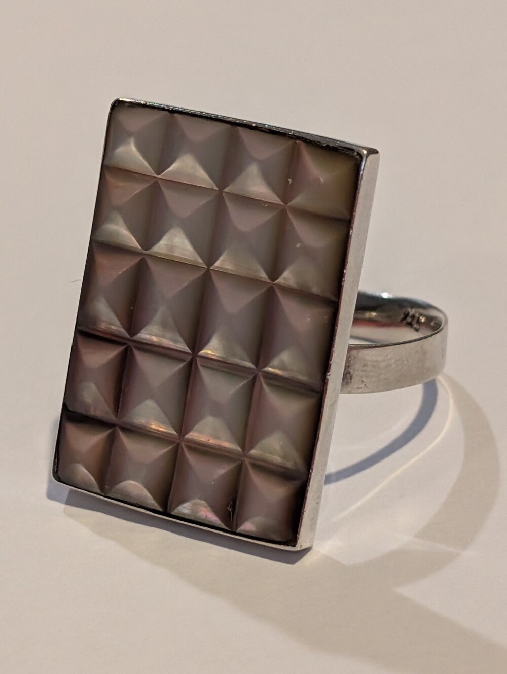 Vintage Rectangular Sterling Silver & Mother Of Pearl Adjustable Cocktail Ring!